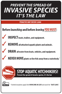 Aquatic invasive species sign placed at landings to alert boaters of the law.