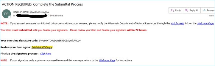Email with Action Required: Complete the Submittal Process title. Yellow text highlighted four lines down "Review Your item again: Printable PDF copy."