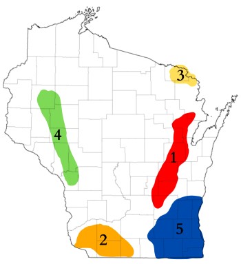 Arsenic contamination is most common in northeastern  Wisconsin (regions 1 & 3), but is also found in other areas throughout the state (regions 2, 4 & 5).