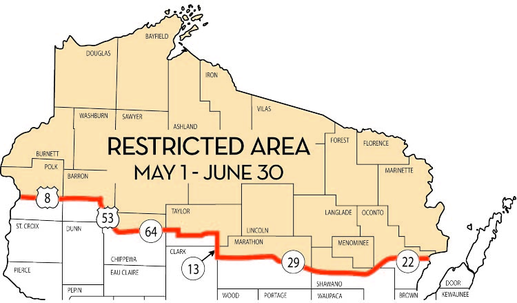 A map of the restricted areas for hunting dog training. A line separates a southern and northern zone of the State of Wisconsin. The line follows Highway 8, Highway 53, Highway 64, Highway 13, Highway 29, and Highway 22.