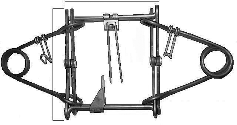 Diagram of a body-grip trap, showing how to determine the maximum square inches of an unset trap. Multiply the max width by the max height.