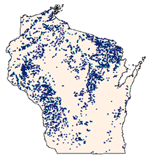 Distribution map of brook trout in Wisconsin.