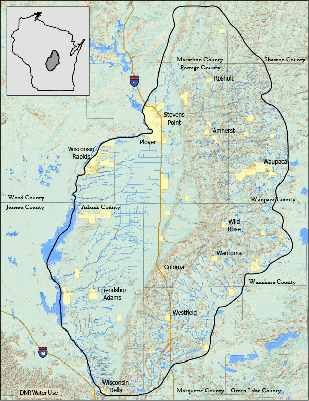 A map of the Central Sands, a generally oblong section of the middle part of Wisconsin. The boundaries of the area include the Wisconsin River to the west, southern Marathon and Shawano counties to the north, Winnebago chain of lakes to the east and Wisconsin Dells to the south. Larger municipalities are shown in yellow on this map and include Adams/Friendship, Wautoma, Waupaca, Plover and Stevens Point.