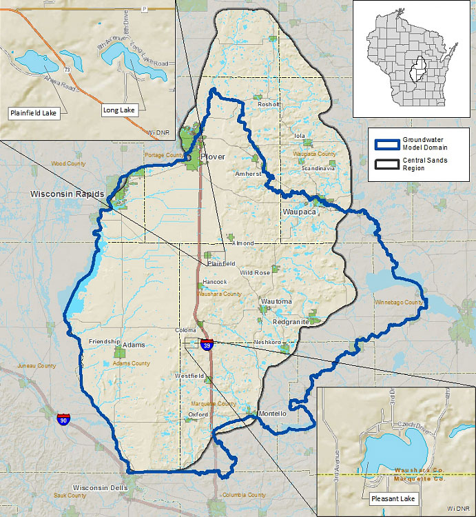 Proposed regional groundwater model domain for the Central Sands Lakes Study.