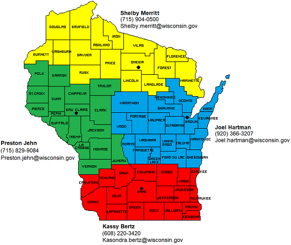 Wisconsin Map for contacts supporting DNR license agents