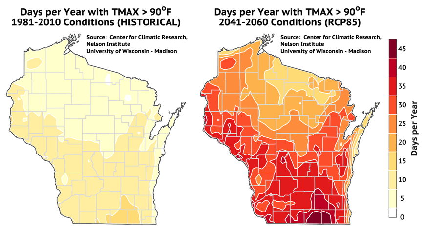 Days per Year with TMAX greater than 90 degrees