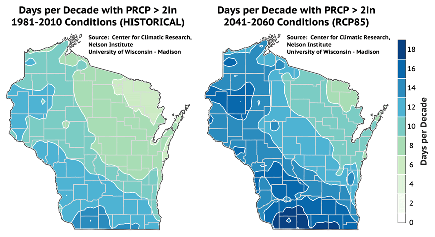 Days per decade with precipitation greater than 2 inches