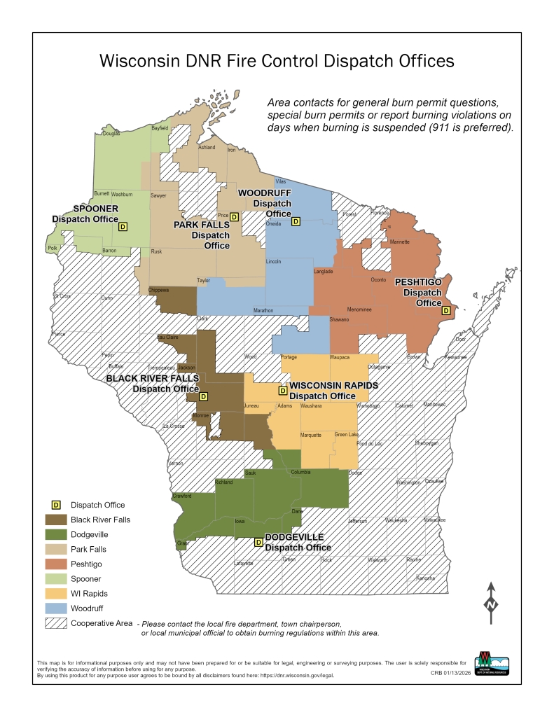 A map of Wisconsin showing what dispatch offices cover which portions of the state.