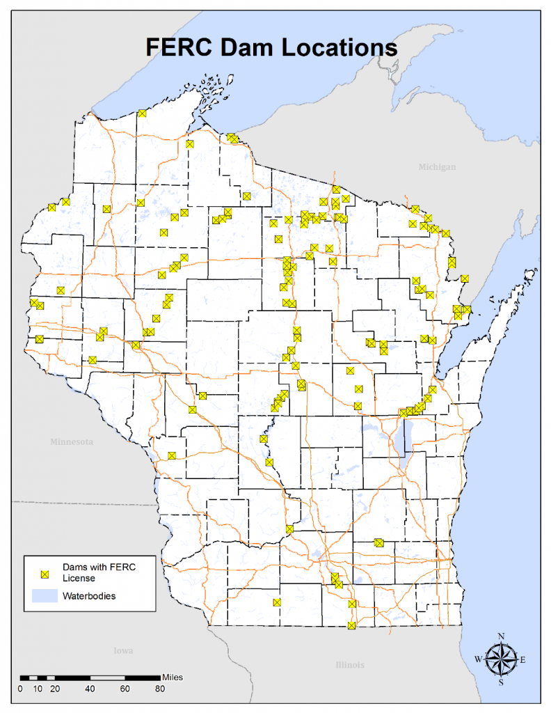 Map of FERC Regulated Dams in Wisconsin