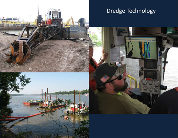 Three photos showing dredge technology in action. 1. Dredge head resting onshore. 2. Hydraulic dredge in operation on a lake. 3. DNR operating crew looking at the bathymetry of the area being dredged.