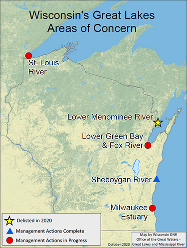 Map showing locations of Wisconsin's Great Lakes Areas of Concern