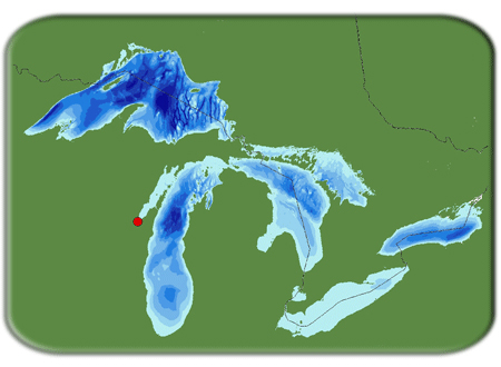 Map showing the location of the Lower Green Bay & Fox River Area of Concern in relation to all Great Lakes.