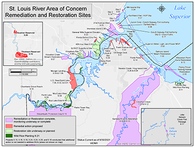 Map showing remediation and restoration sites in the St. Louis River AOC