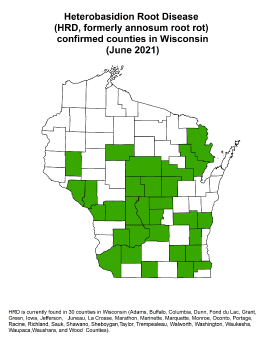 A map of Wisconsin, with counties where HRD has been confirmed highlighted green.