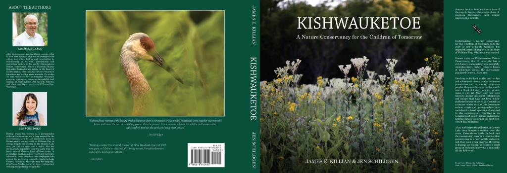 A image a book cover for "Kishwauketoe: A Nature Conservancy for the Children of Tomorrow" book. Shows images of both Authors, a bird and wildflowers.