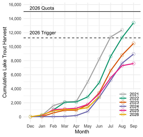 Figure of lake trout harvest trends from 2021 through 2026