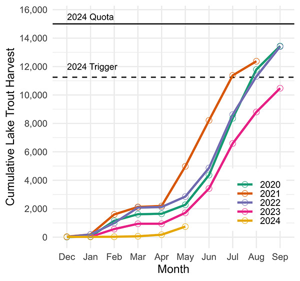 Graph of lake trout harvest trends from 2019-2023