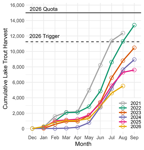 Line plot showing lake trout harvest trends in Lake Superior from 2021-2026