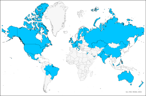 A map of the world, with several countries highlighted in blue, indicating where Snapshot online volunteers are from.