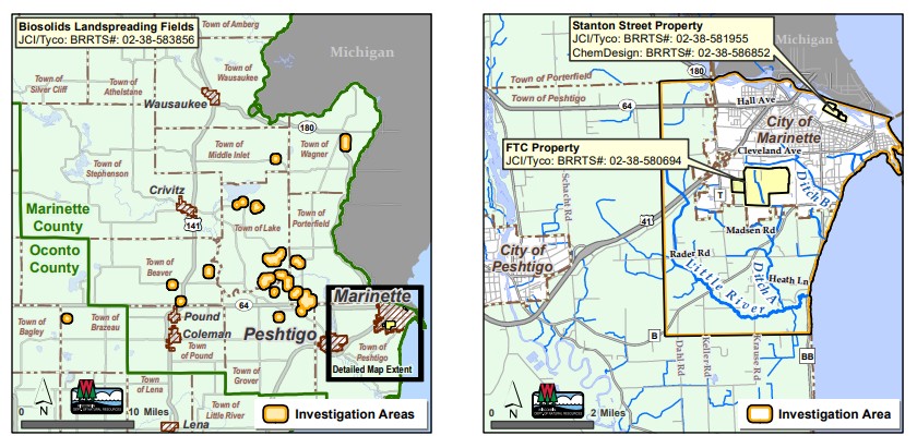 Map of known PFAS sites in the Marinette and Peshtigo areas.
