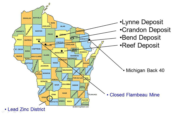map of metallic deposits in Wisconsin