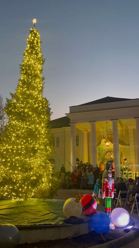 An evergreen decorated in white Christmas lights in front of a very fancy home. There's a small crowd outside the front door.