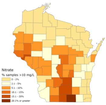 Map of Estimated Percentage of Private Wells over Nitrate Standard by County. 