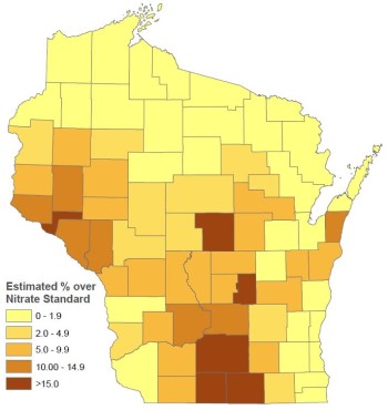 Map of Estimated Percentage of Private Wells over Nitrate Standard by County. 