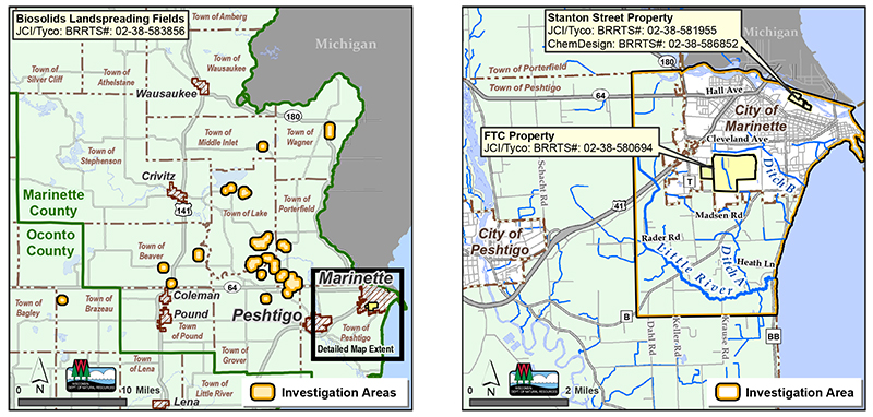 Map of known PFAS sites in the Marinette and Peshtigo areas.