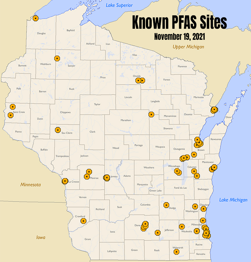 Map showing locations of known PFAS sites in Wisconsin as of November 19, 2021.