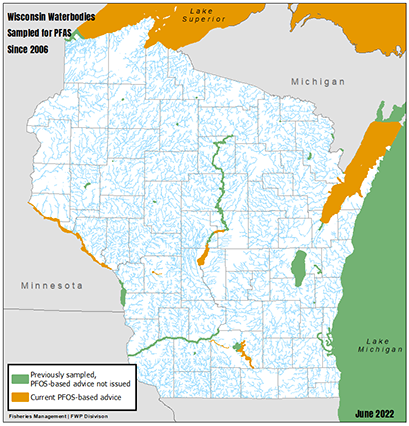 Map of Wisconsin Waterbodies Sampled for PFAS Since 2006 - Updated June 2022
