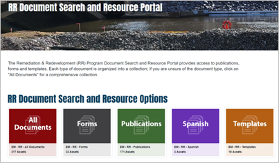Screenshot if the Remediation and Redevelopment (RR) Document Search and Resource Portal showing five color blocks that serve as button options.
