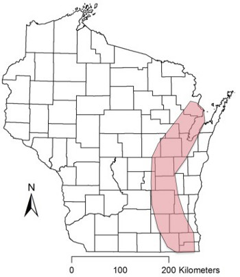 Area of Wisconsin where most of the wells that exceed the drinking water MCL for radium are located. 