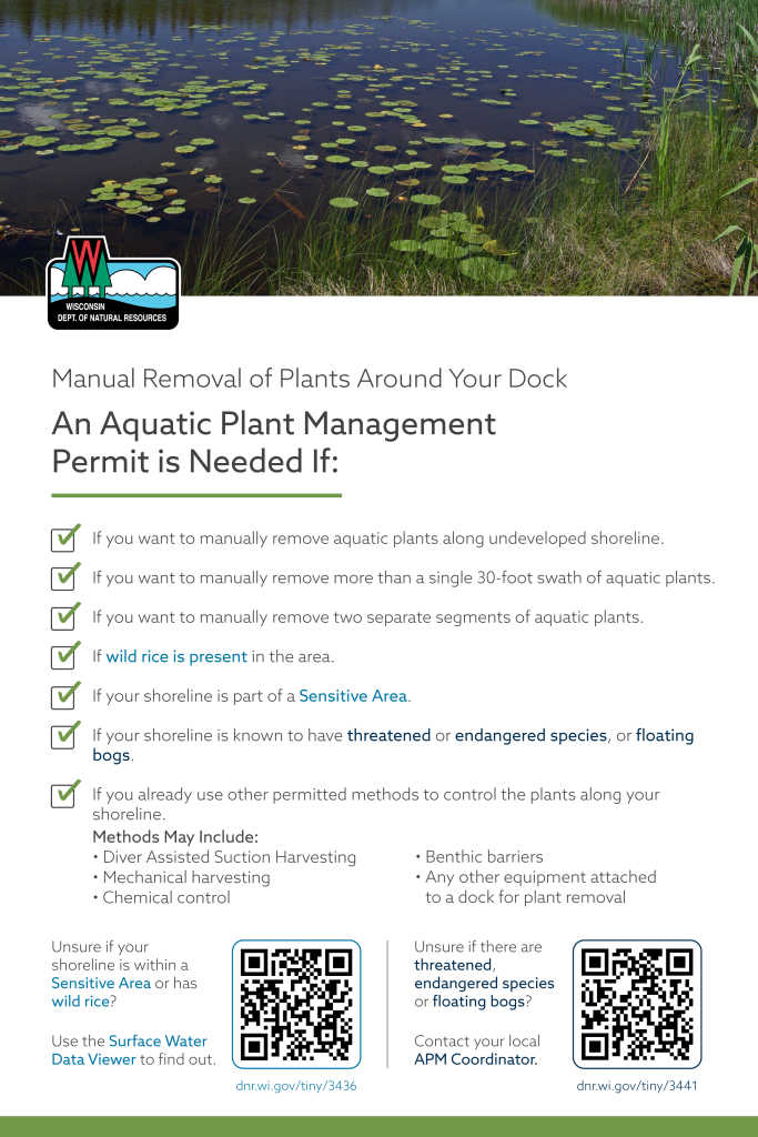 Image of PDF Flyer explaining why a permit may be needed for manual removal of aquatic plants around a dock.