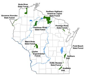 A map of Wisconsin showing the locations of all state forests.