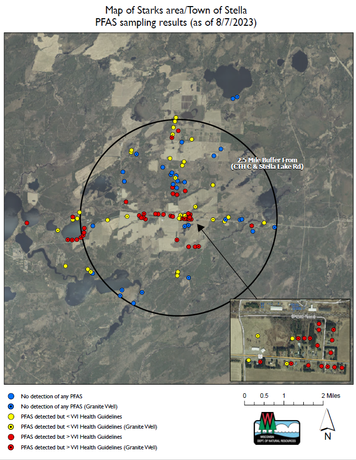 Map of Starks area/Town of Stella PFAS sampling results as of 8/7/2023