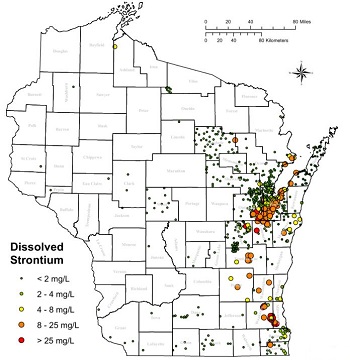 Statewide distribution of dissolved strontium in Wisconsin's aquifers.