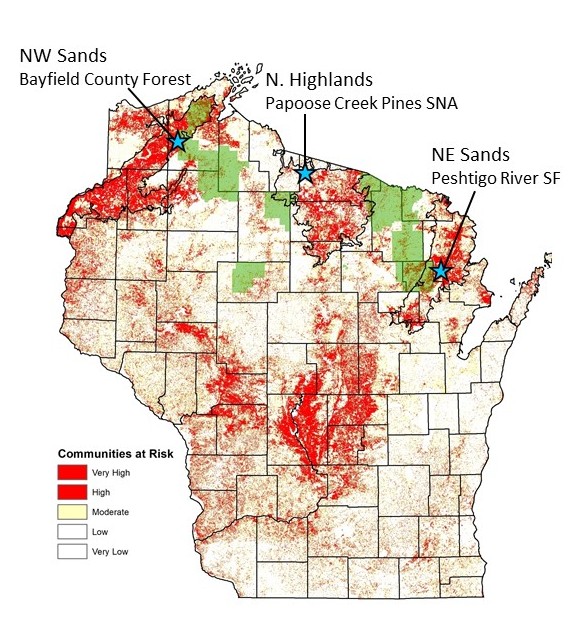 The locations of each of the three NPMI study sites depicted on a map of Wisconsin.
