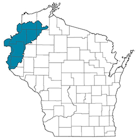 Map of Wisconsin showing the outline of the St. Croix TMDL location.