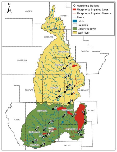 Map noting locations of all Upper Fox Wolf River Volunteer Monitoring Locations.