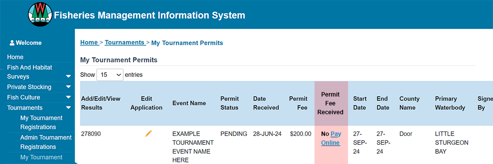 Graphic of the fishing tournament permit screen