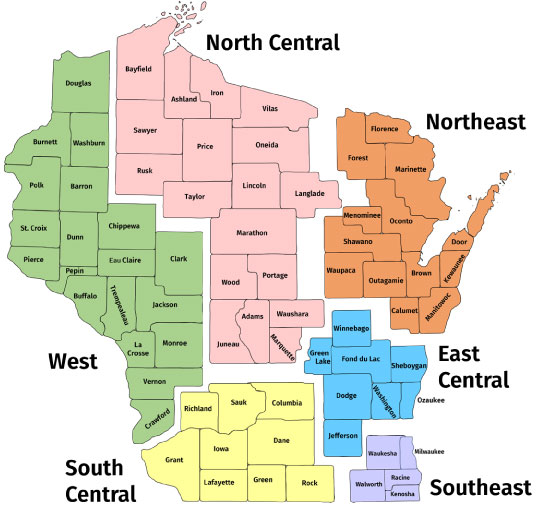 A map of Wisconsin, divided based on region.