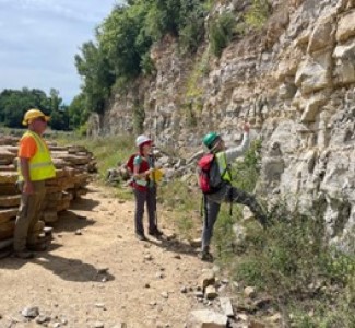 WGNHS geoscientists investigating a quarry in Dodge County. (Photo by Carsyn Ames)