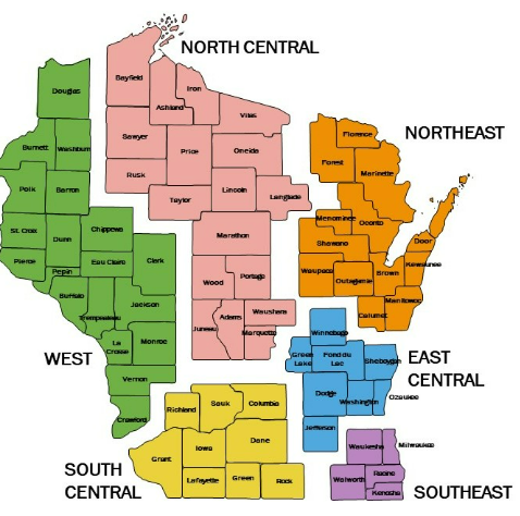 A map of Wisconsin. The map is split into six sections: West (in green), North Central (in pink), South Central (in yellow), Northeast (in orange), East Central (in blue), and Southeast (in purple).