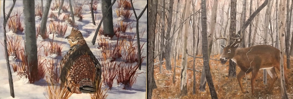 Two art pieces using acrylic paints. A bird in the forest during winter and deer in the forest.