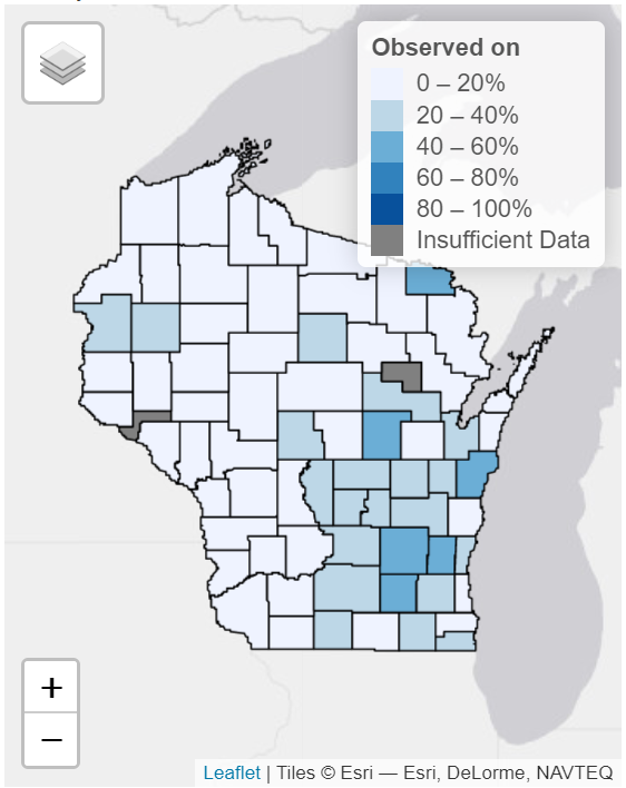 Map of Sandhill Crane sightings in Wisconsin, according to the Data Dashboard