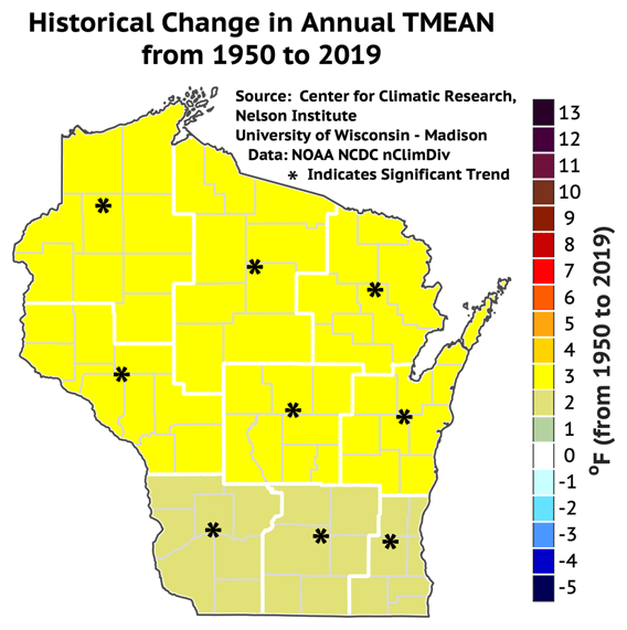 Изменение температуры в Висконсине с 1950 по 2019 год