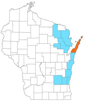 A map of Wisconsin. Counties with beech scale detections are highlighted blue.