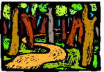 A highly stylized piece of art, featuring a path winding through a forest.