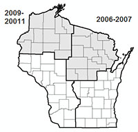 A map of Wisconsin, divided into sections based on the year in which aerial photos were taken.